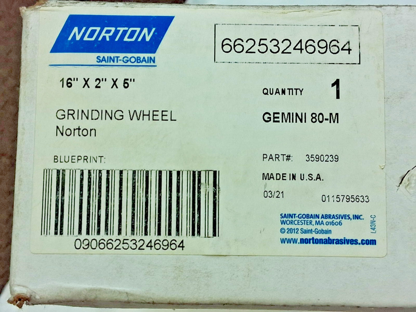 Norton Centerless & Cylindrical Grinding Wheel 16" Dia 5" Hole 66253246964