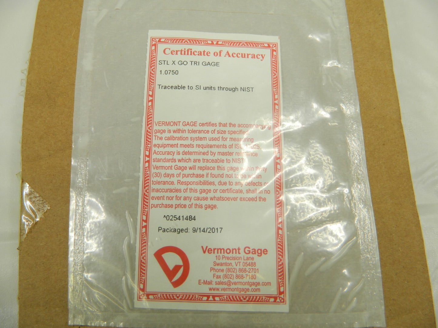 Vermont Gage Class X Plus Steel Pin Gage Go 1.0750 Plus Tolerance 191202110