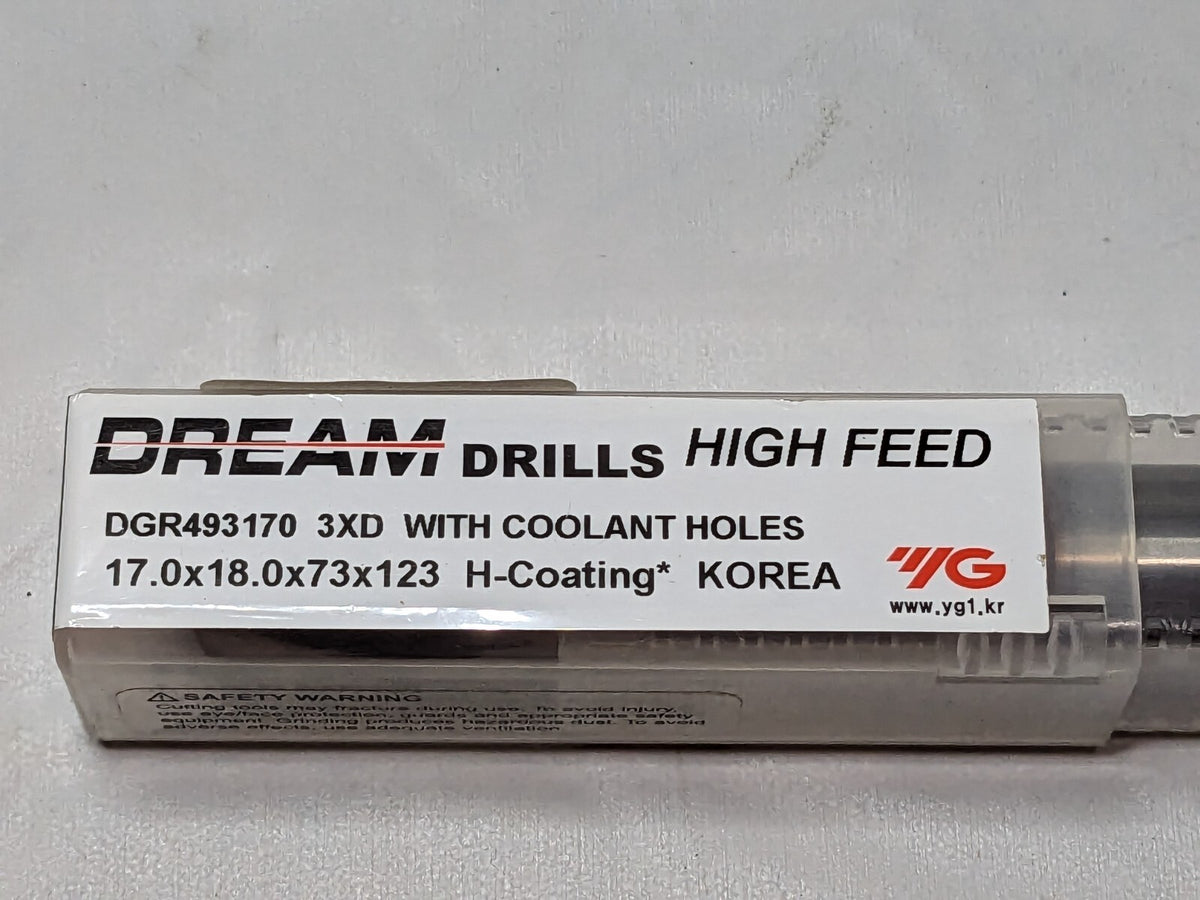 YG-1 Carbide Hi-Feed Dream Drill w/Coolant Holes 17.00mm Diam 3XD 3FL DGR493170