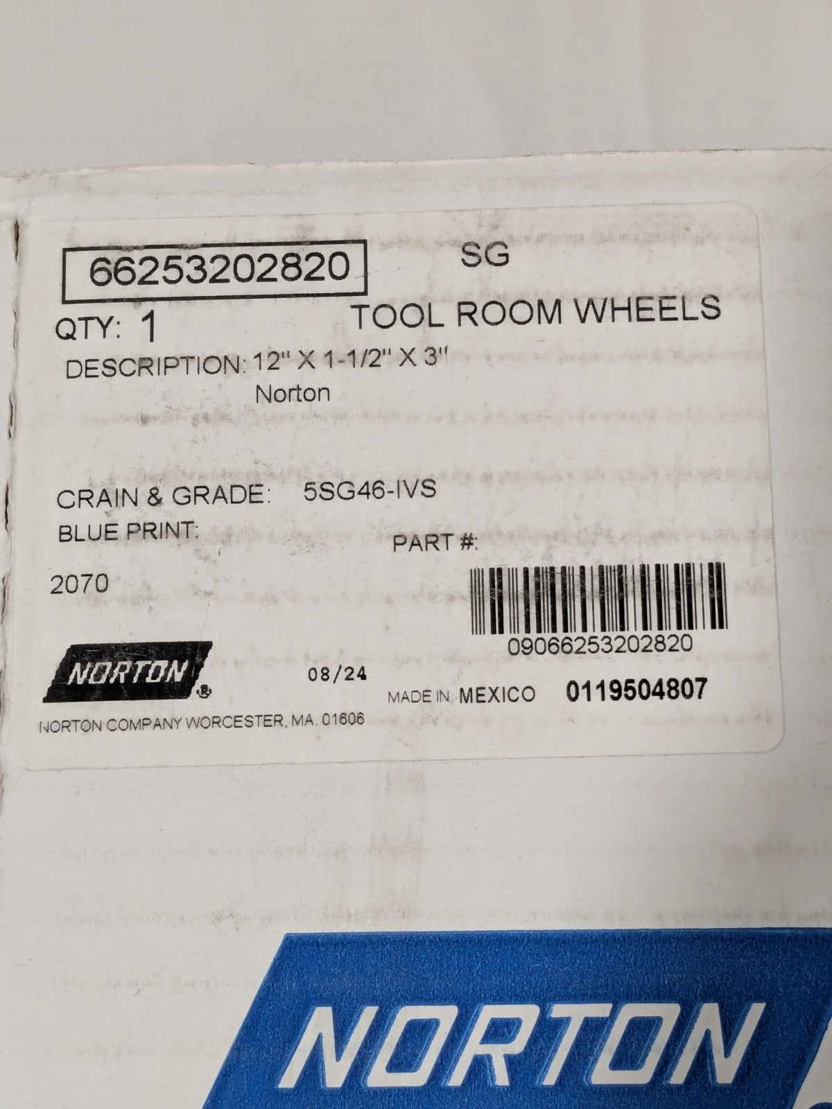 Norton Surface Grinding Wheel: 12" Dia, 1-1/2" Thick, 3" Hole, 46