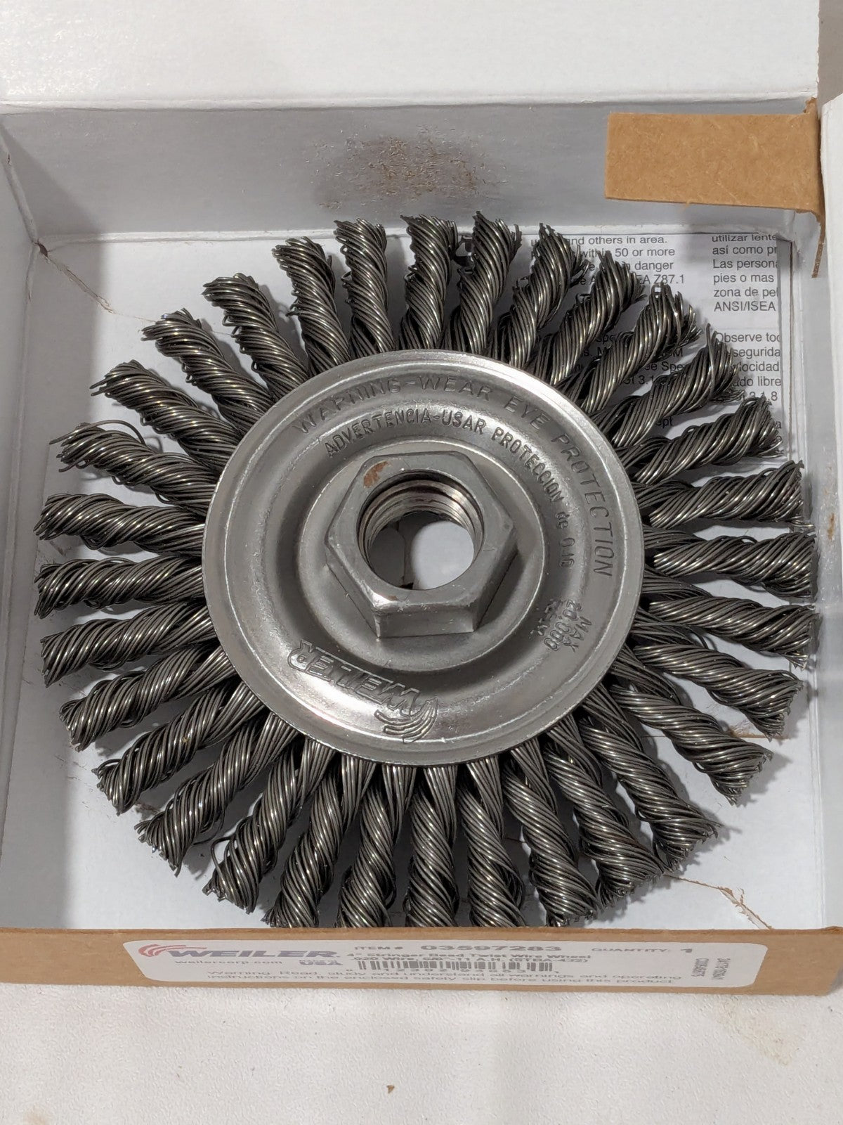 WEILER Wheel Brush: 4" Dia, 3/16" Width, 0.0200" Wire Dia, Knotted 94653