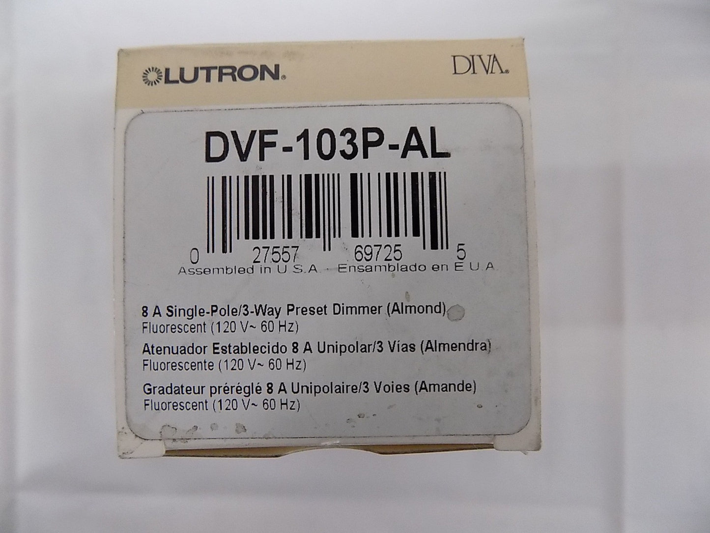 Lutron DVF-103P-AL Diva 8 Amp Fluorescent 3-Wire Hi-Lume LED 3-Way Dimmer Almond
