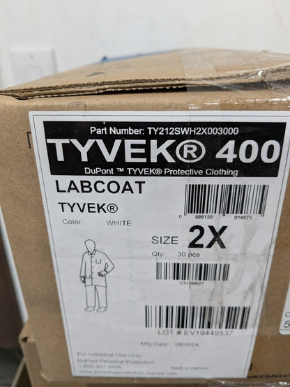 Dupont Lab Coat: 1.20 oz Material, Size 2XL, Tyvek Box of 30 TY212SWH2X00300