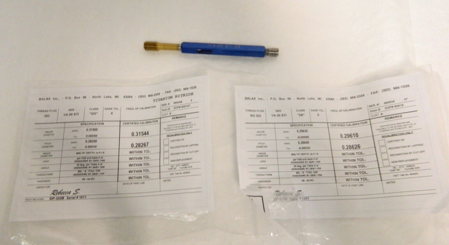 Balax 1/4-20 Thread HSS Class 2B Screw Thread Insert Go/No Go Gage 90520-000