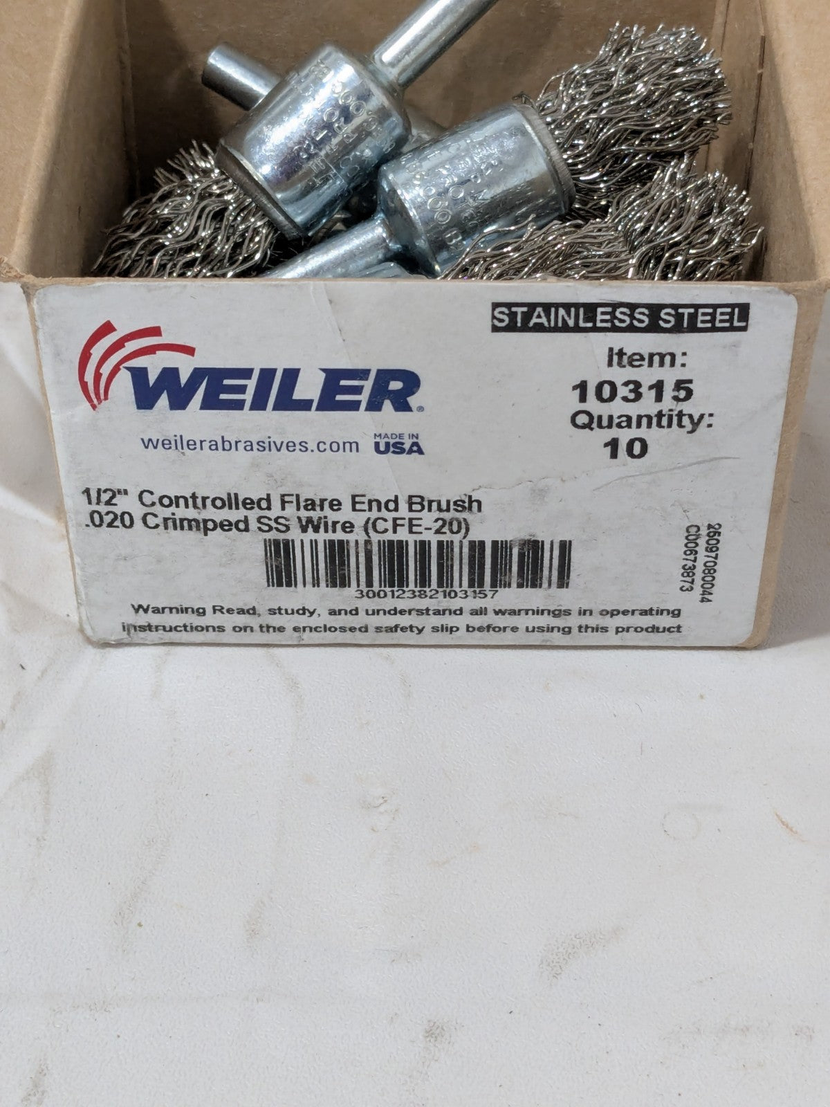 WEILER End Brush: 1/2" Dia, Stainless Steel, Crimped Wire Qty 10 10315