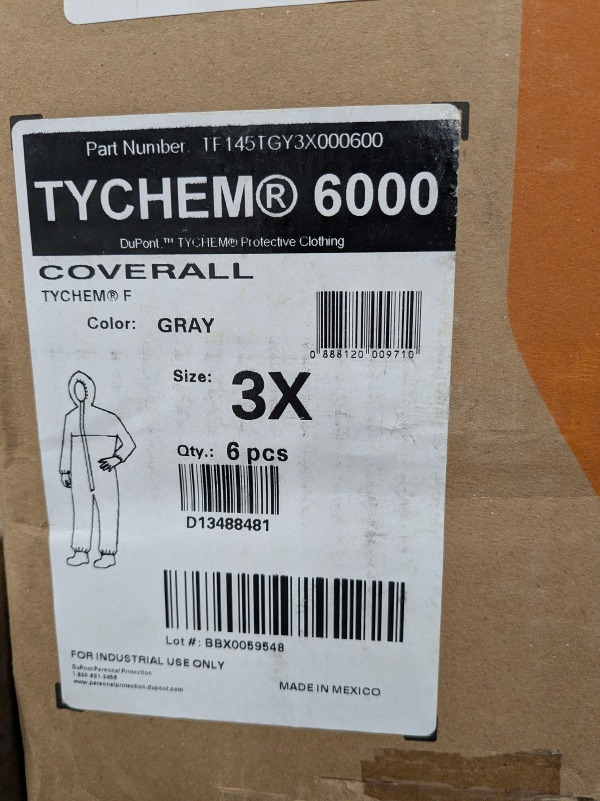 DUPONT Disposable Coverall Chemical, Liquid/Splash Sz 3XL Qty 6 TF145TGY3X000600
