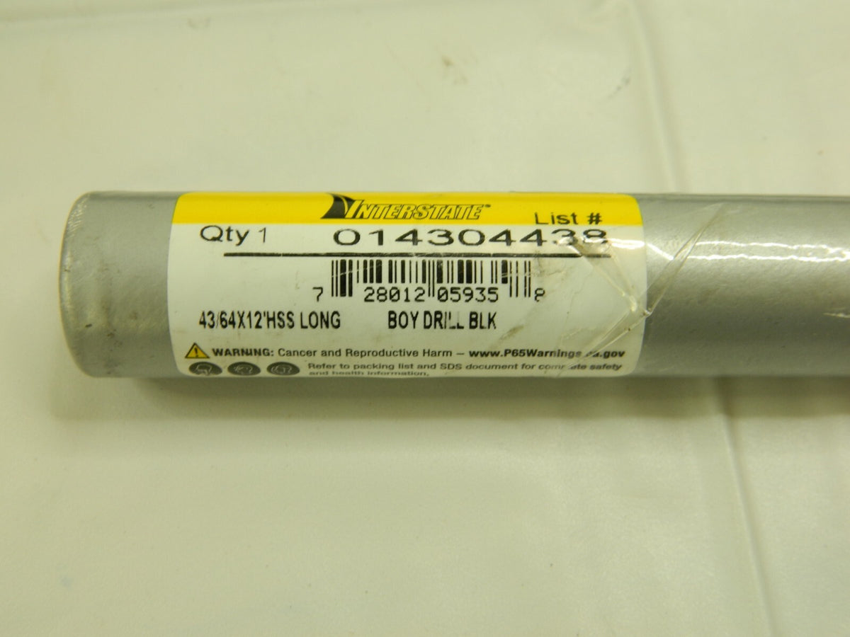 Interstate 43/64 118° 2-Flute High Speed Steel Extra Length Drill Bit 01430438