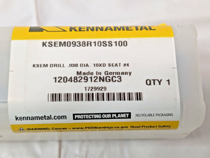 Kennametal Replaceable-Tip Drill 0.938"DIA 10XD SEAT #4 KSEM0938R10SS100 1729929