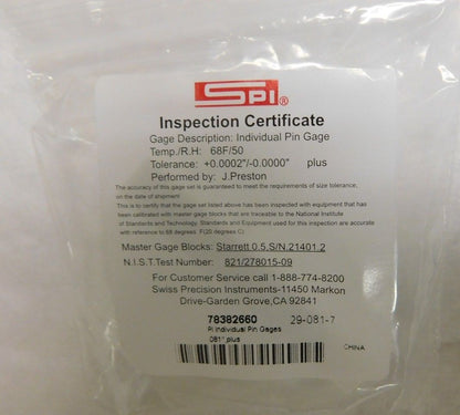 SPI Class ZZ Plus Plug and Pin Gage 0.081 Inch Diameter Qty 15  78382660