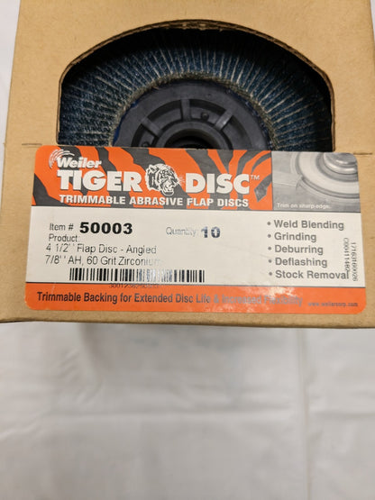 WEILER Flap Disc: 7/8" Hole, 60 Grit, Zirconia Alumina, Type 29 Qty 10 50003