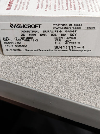 ASHCROFT Pressure Gauge: 2-1/2" Dial, 0 to 15 psi, 1/4" Thread, NPT 94473