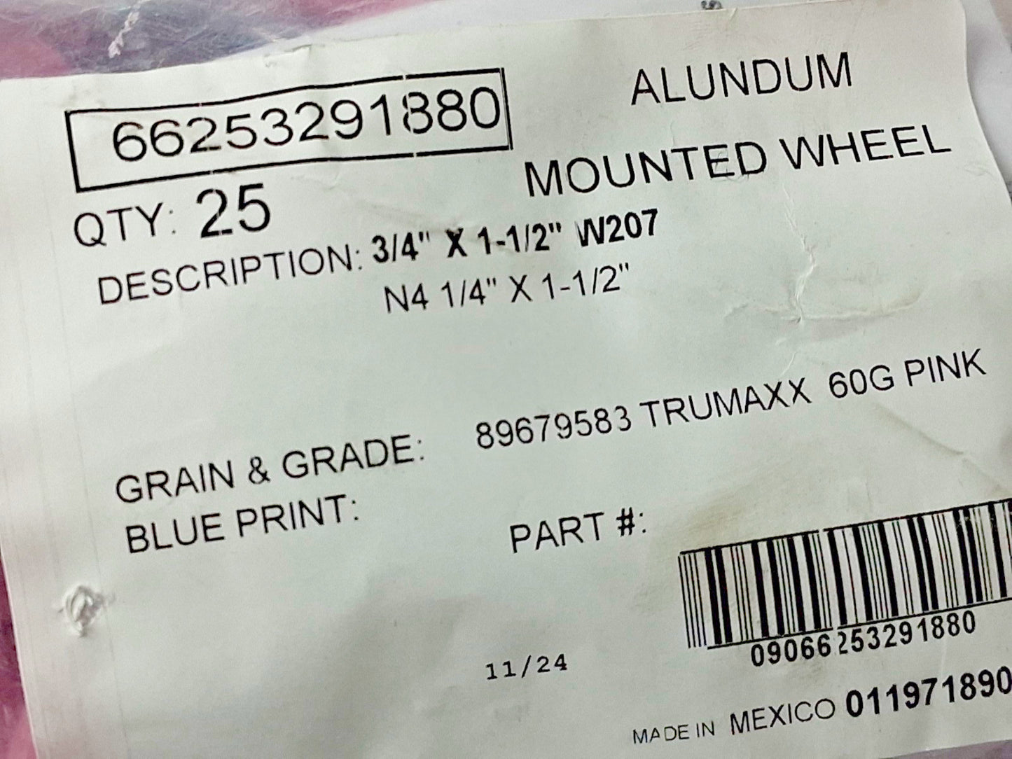 TRU-MAXX Mounted Points QTY25 1-1/2" Thick 1/4" Shank Dia 60 Grit 6625