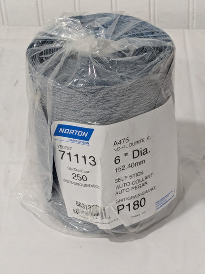 Norton 6" Dia PSA Disc Roll: 180 Grit, Silicon Carbide Qty 250 78072771113