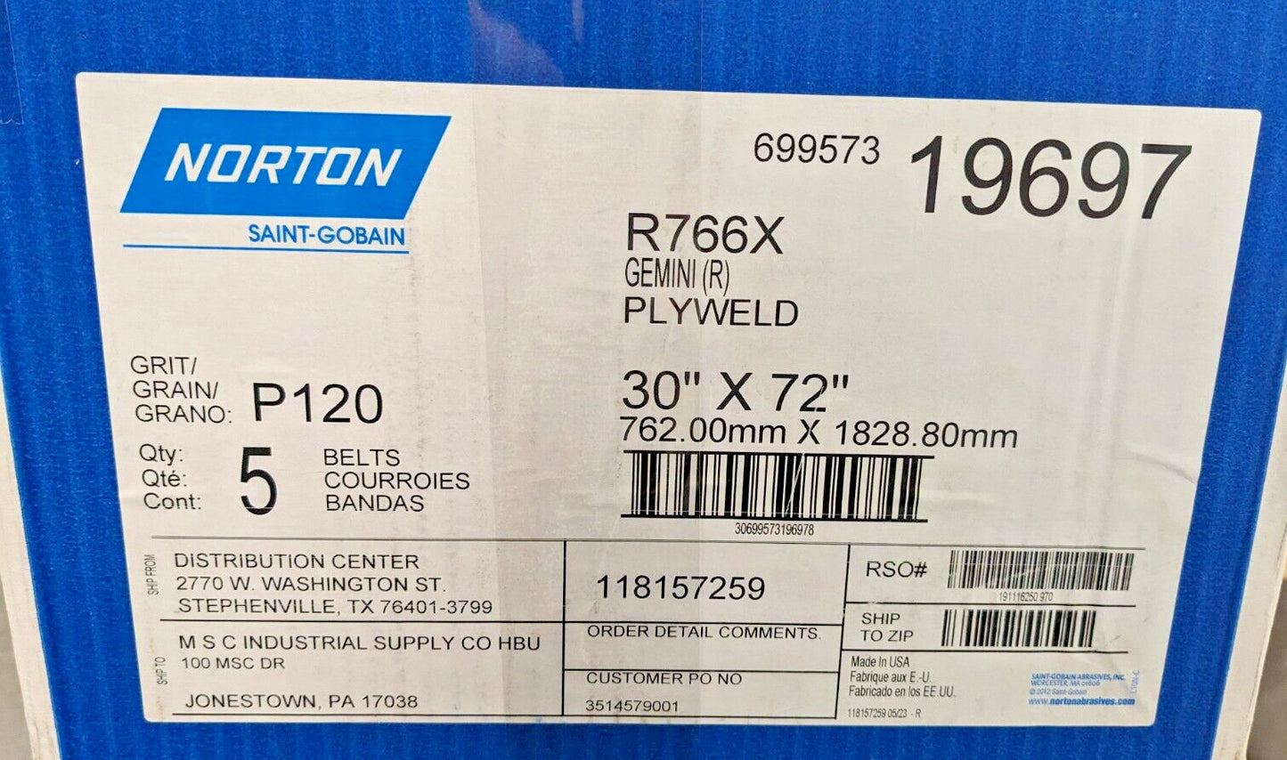 CASE OF 5 Norton Gemini R766X AO Plyweld Abrasive Belts 30"x72" 120G 69957319697