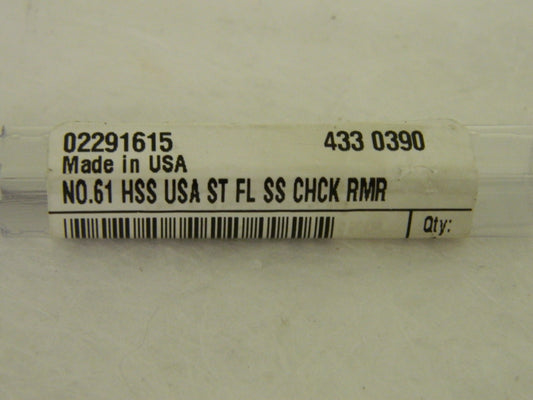 Yankee Chucking Reamer #61 x 1/2" x 1-1/2" 3FL HSS Lot of 2 #02291615