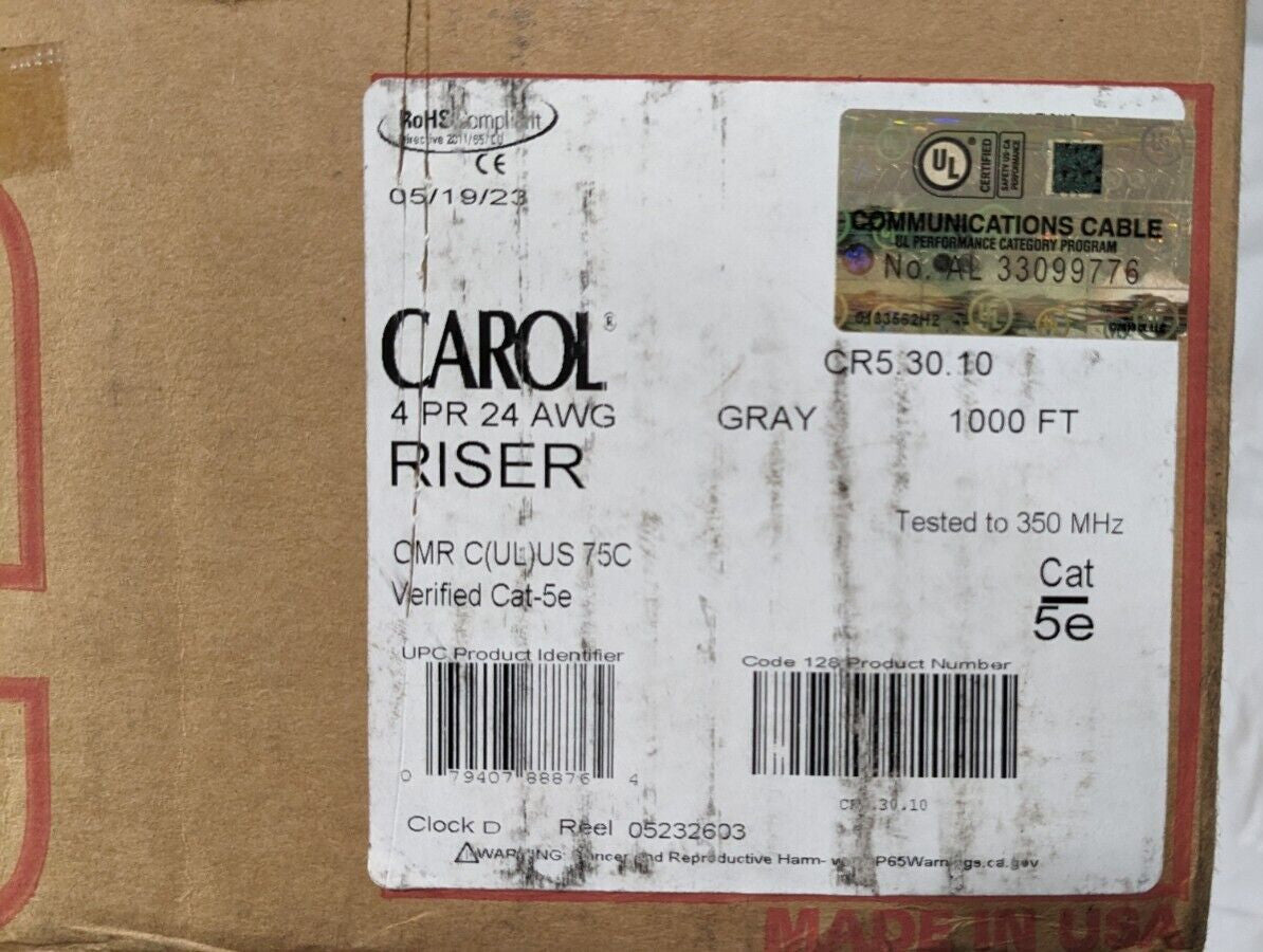 Carol Helix/Hi-Temp Cat 5e Riser Gray 4PR 24AWG Approx 1000 Ft/18 Lbs CR5.30.10