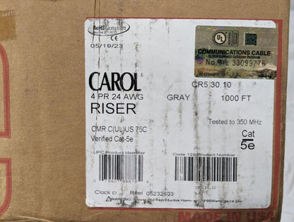 Carol Helix/Hi-Temp Cat 5e Riser Gray 4PR 24AWG Approx 1000 Ft/18 Lbs CR5.30.10