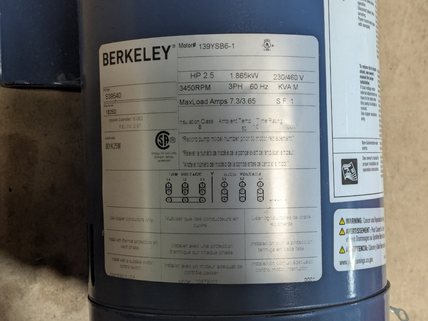 Berkeley Centrifugal Pump 2.5 HP 208-230/460V 3 Ph S39540 Parts / Repair