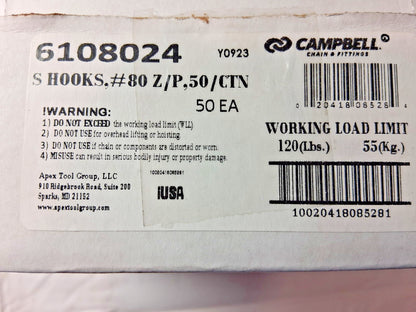 Campbell Carbon Steel Zinc Plated S-Hooks QTY50 Trade Size #80 6108024
