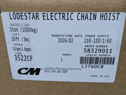 CM Lodestar Electric Chain Hoist 1 Ton Capacity 10 Ft Lift 16 FPM 110v 3522CF