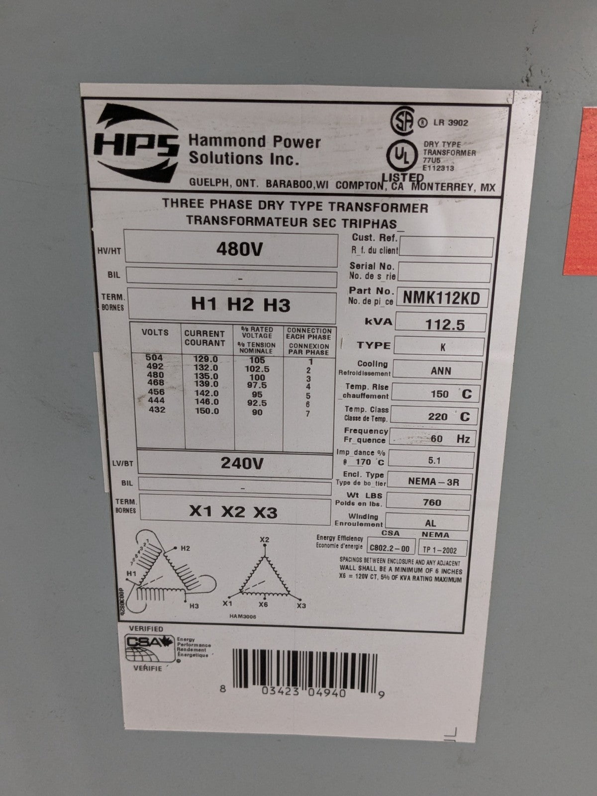 Hammond 112.5kVA Dry Type Power Transformer 3 Phase 480V NMK112KD Parts / Repair