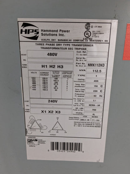 Hammond 112.5kVA Dry Type Power Transformer 3 Phase 480V NMK112KD Parts / Repair