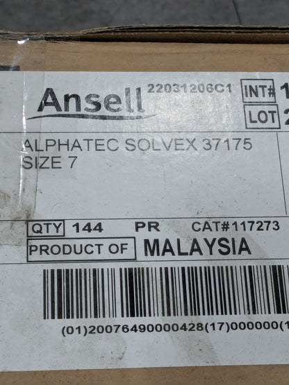 Ansell Chemical Resistant Gloves: 37-175, Sz S, 17 mil Box of 144 Pairs 117273