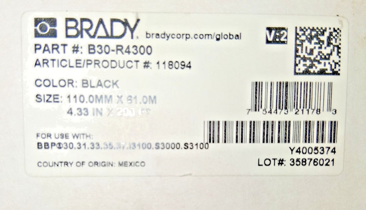 Brady Ribbon Cartridge 4.33" W 200' L Black Resin 118094