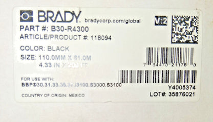 Brady Ribbon Cartridge 4.33" W 200' L Black Resin 118094