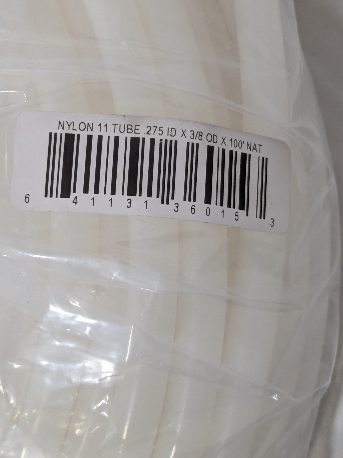 Natural Nylon 11 Tube: 0.275" ID, 3/8" OD, 581 Max psi, 100' Length 36015