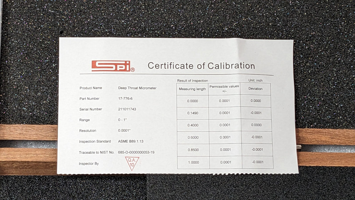 SPI Deep Throat Micrometer w/Cert 0-1" Range 0.0001" Graduation 17-776