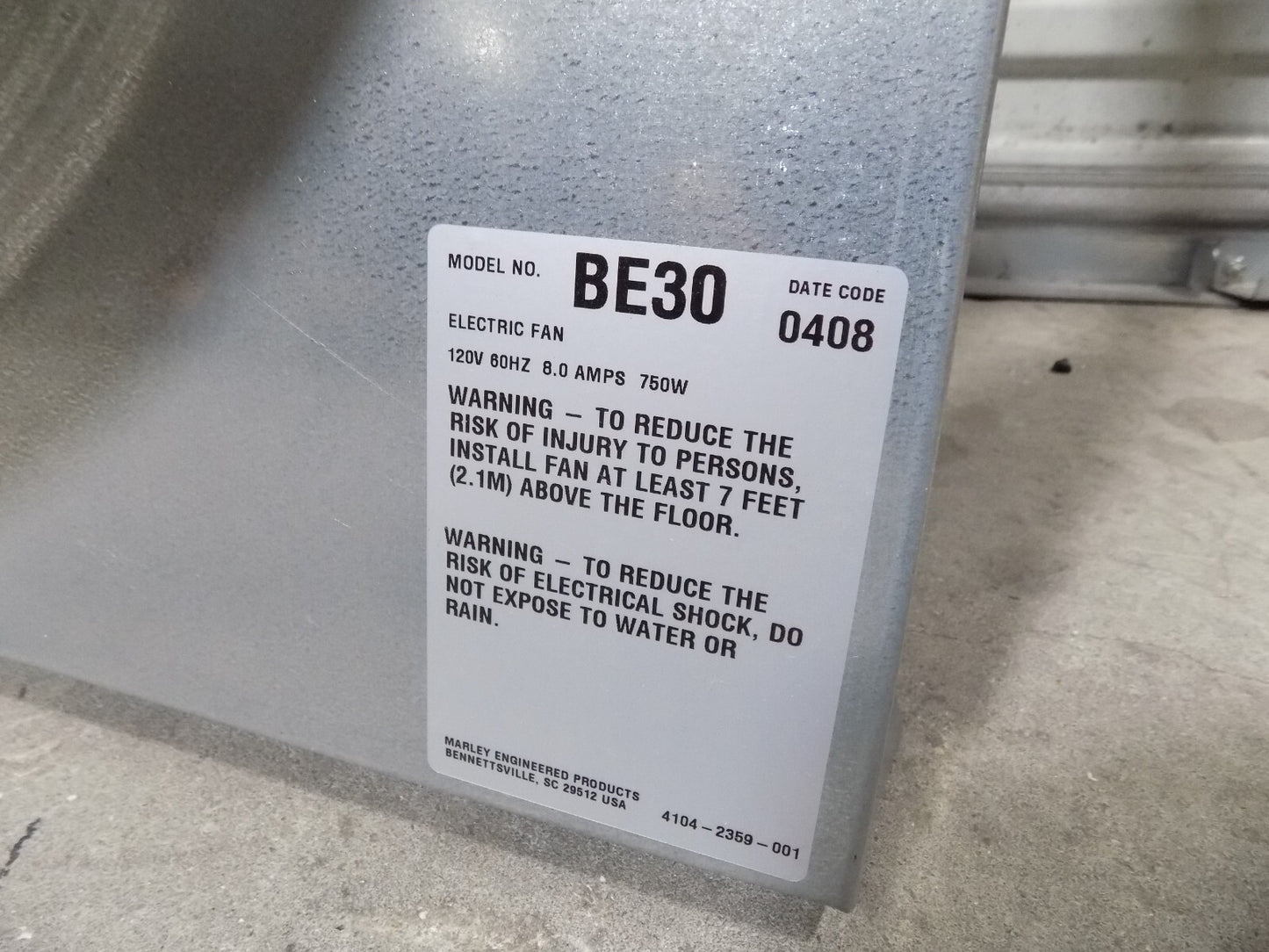 Marley 30" Commercial Duty Exhaust Fan 7730 CFM Max. 1/3 HP 115v BE30 Damage