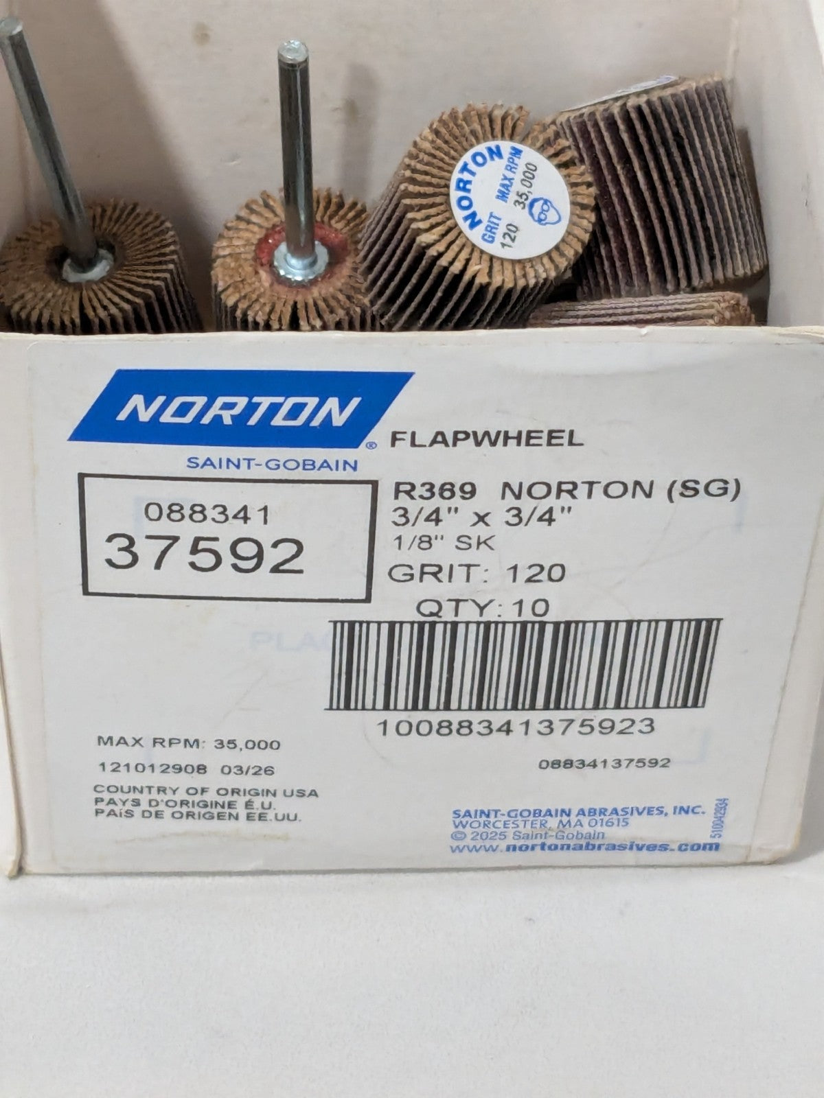 Norton Mounted Flap Wheel: 3/4" Dia, 3/4" Face Width, 120G Qty 10 08834137592