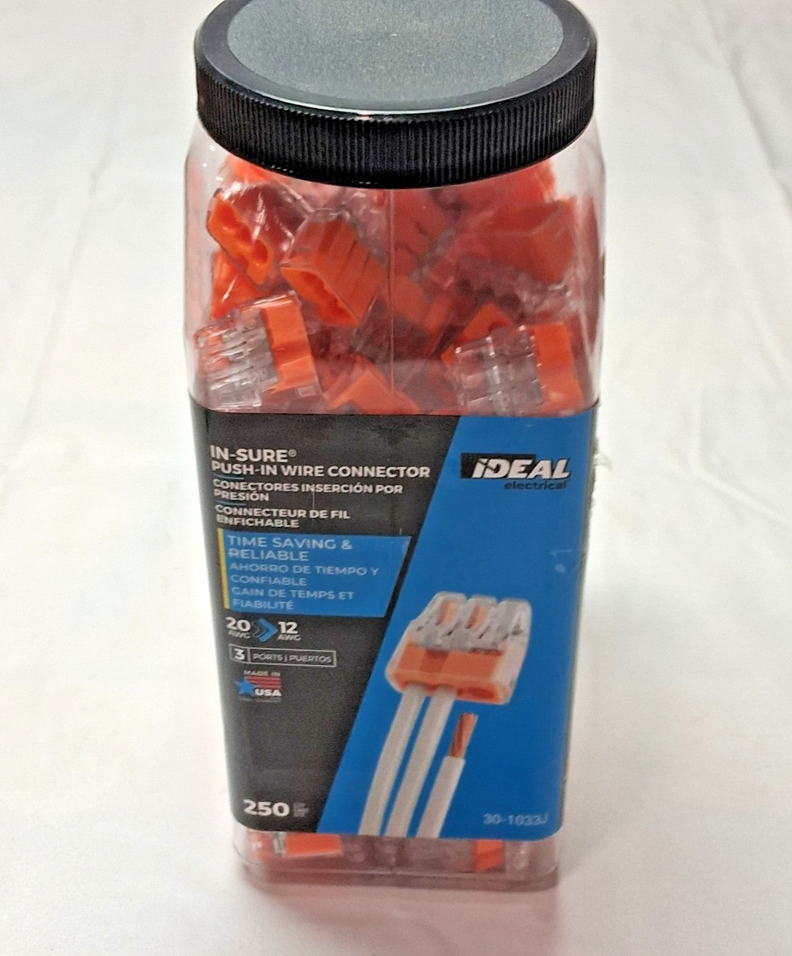 IDEAL 3 Port Push-In Wire Connector 18 to 12 AWG Orange QTY250 30-1033J