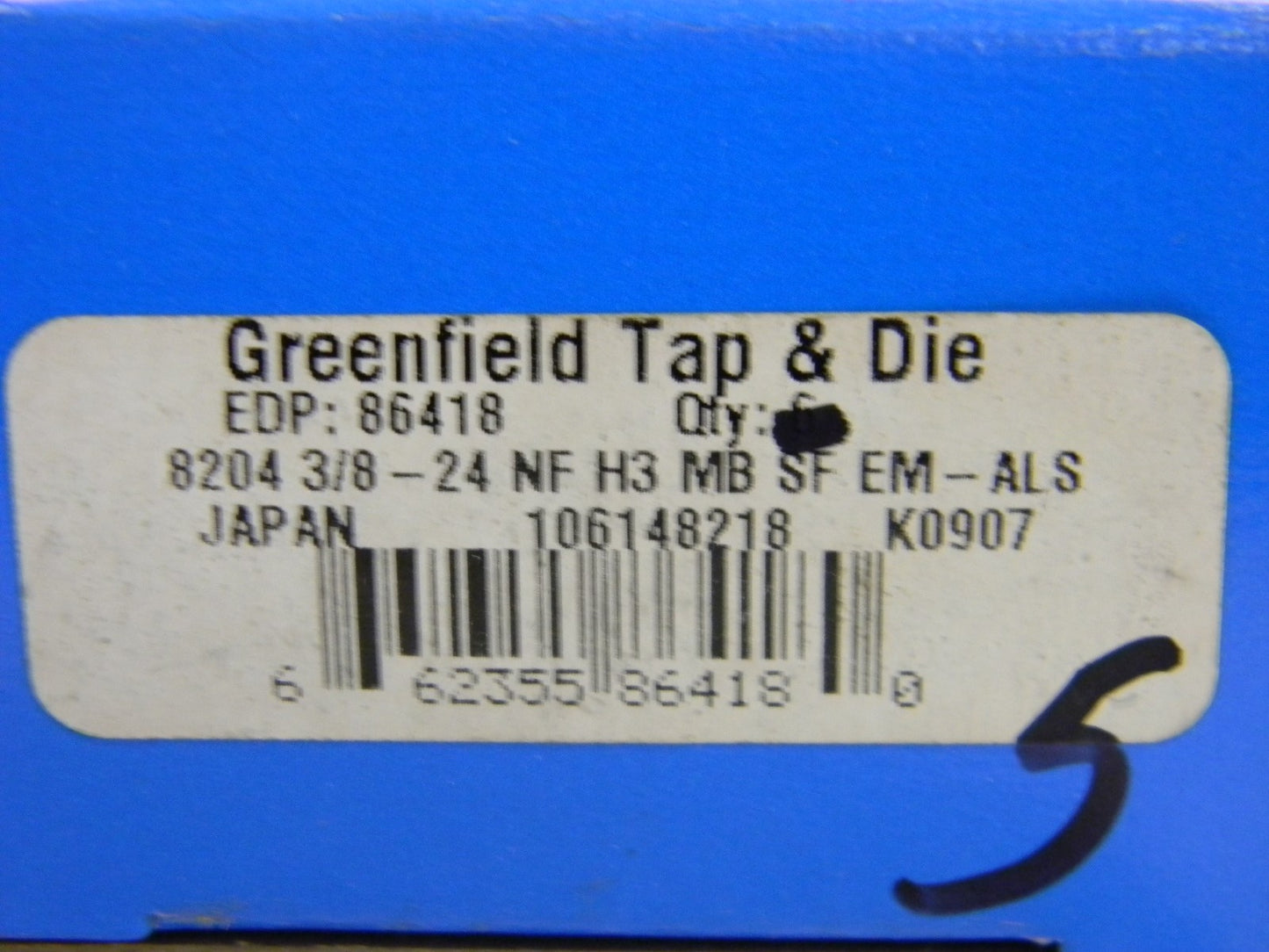 WIDIA GTD  3/8-24 H3 EM-ALS 3 Flute HSS-E Spiral Flute Tap QTY 5 86418