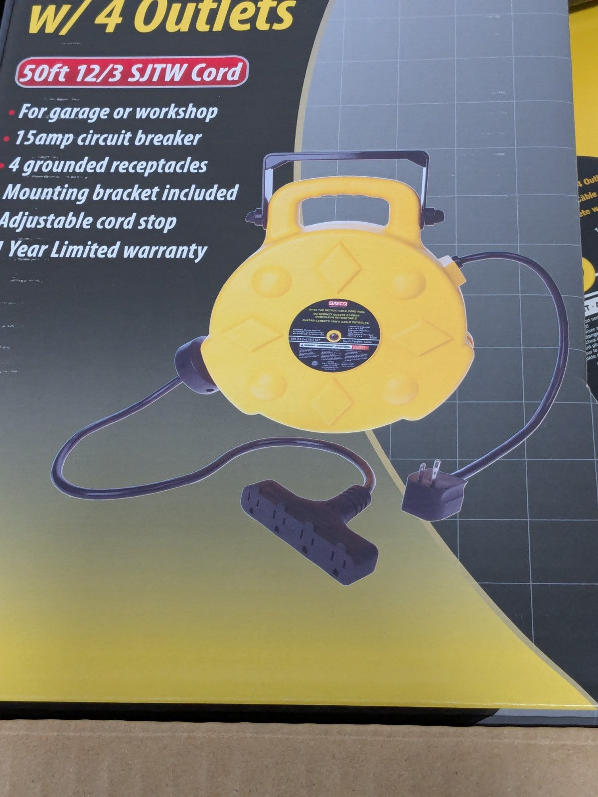 Bayco Cord & Cable Reel: 12 AWG, 50' Long, Outlet End 4 Outlet SL-8904