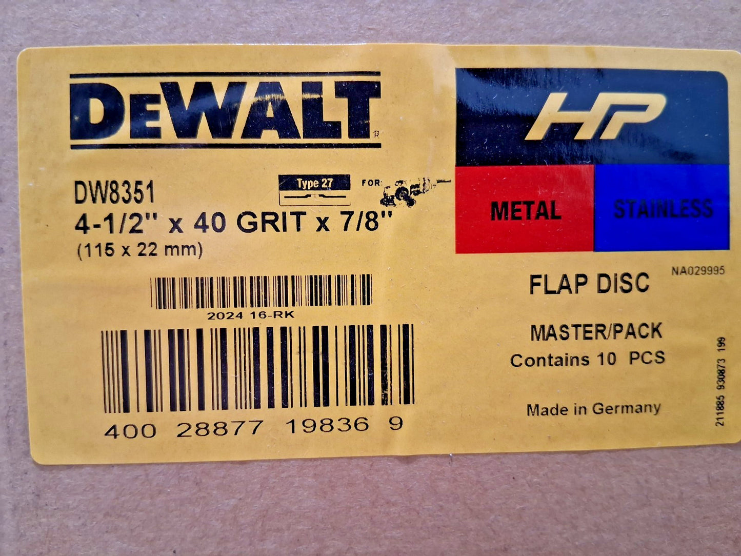 Dewalt Zirconia Alumina Flap Discs QTY10 4-1/2" Dia 7/8" Hole 40 Grit DW8351