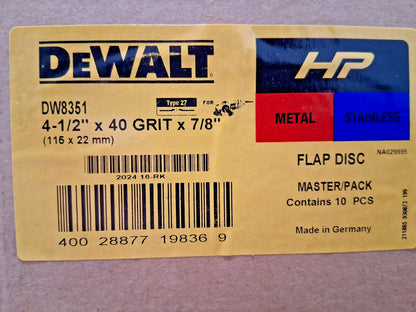 Dewalt Zirconia Alumina Flap Discs QTY10 4-1/2" Dia 7/8" Hole 40 Grit DW8351