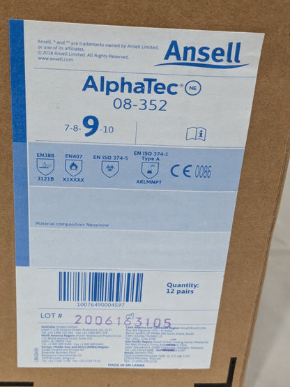 Ansell Chemical Resistant Gloves: AlphaTEC™ 08-352, Se L Box of  12 Pairs 212512