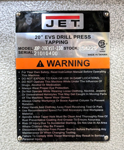 JET  20" Drill & Tap Press JDP-20EVST-230  3MT, 230V 1PH  354225 Scratch & Dent