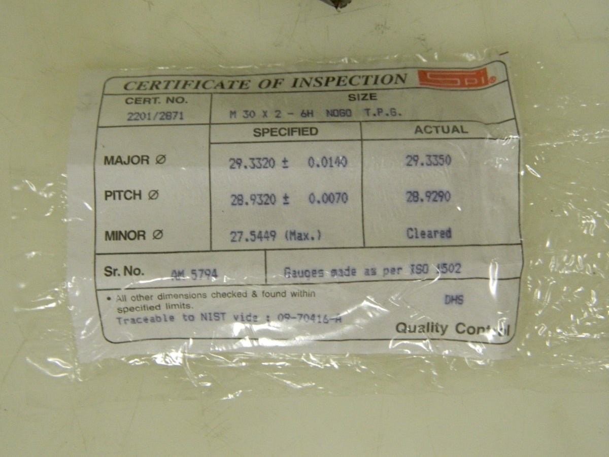 SPI Single End Plug Thread No Go Gage M30x2 Class 6H 34-603-1