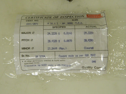 SPI Single End Plug Thread No Go Gage M30x2 Class 6H 34-603-1
