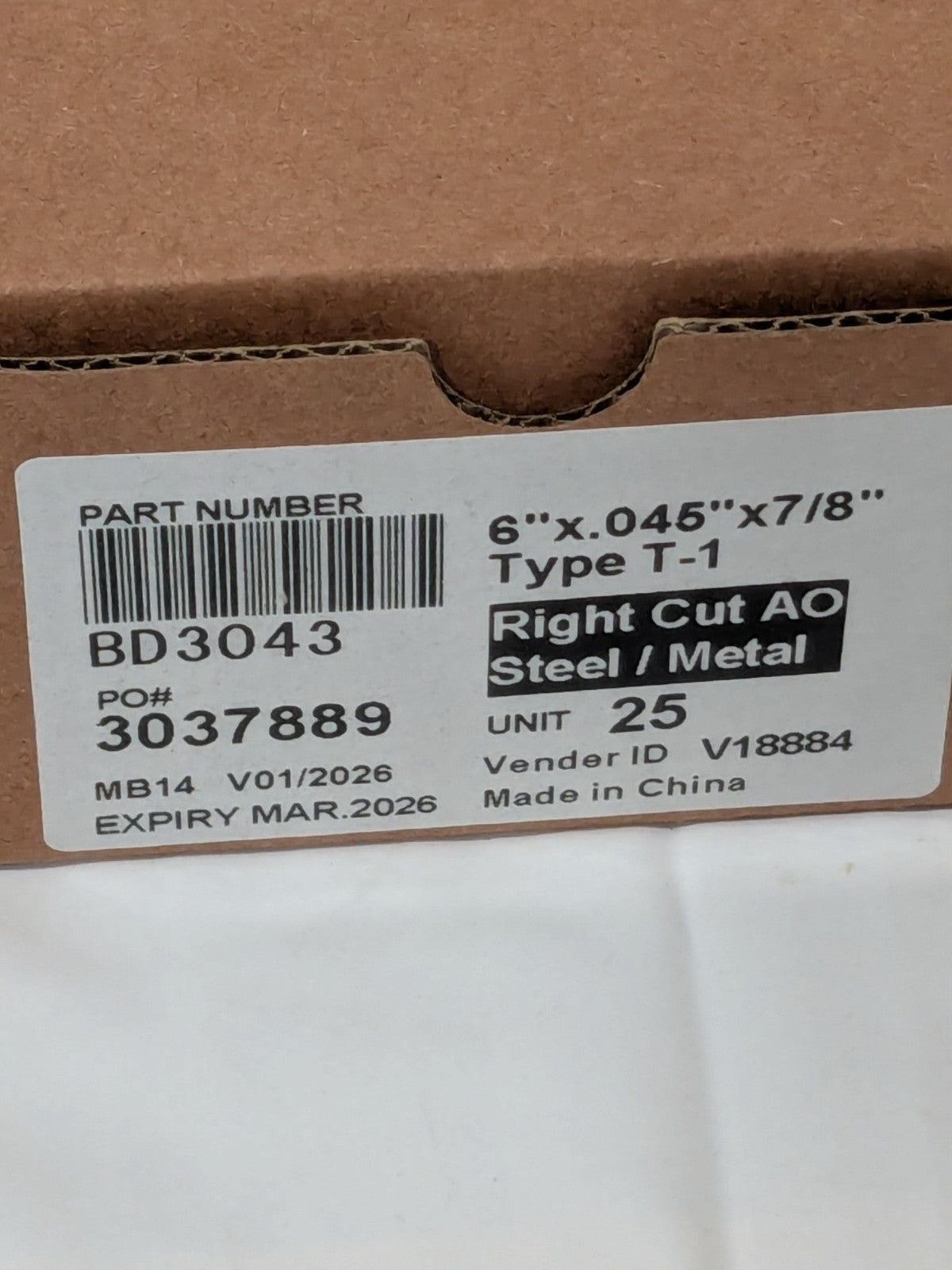 Cutoff Wheel: Type 1 (01/41), 6" Dia, 0.0450" Thick, 7/8" Hole Box of 25 BD3043