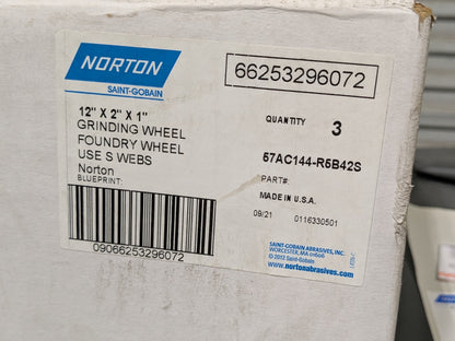 Lot of 3 Norton Foundry Grinding Wheel 12" x 2" x 1" 66253296072