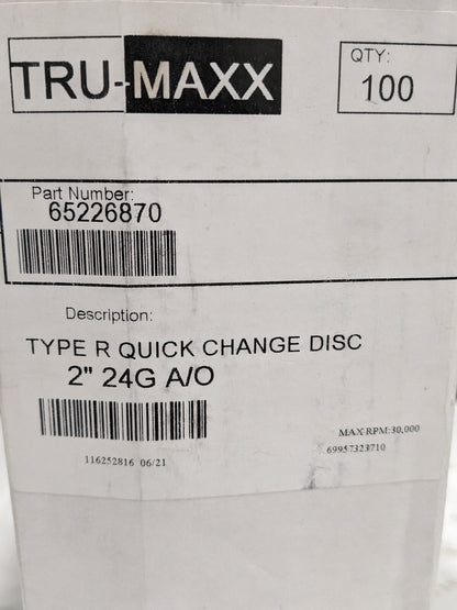 TRU-MAXX Quick-Change Disc: Type R, 2" Dia, 24G, AO, Coated Qty 100 6995732