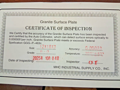 Pro Granite Inspection Surface Plate 12" Wide 18" Long 3" Thick 640-0120