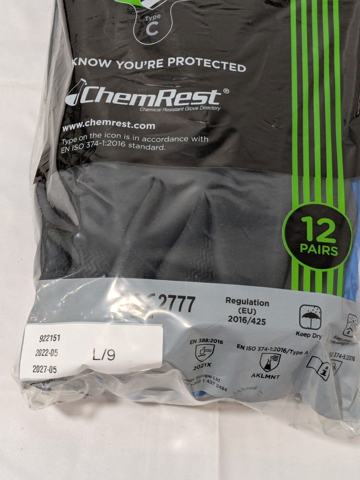 SHOWA Chemical Resistant Gloves: Size L, 26.00 mil Pack of 12 CHML-09