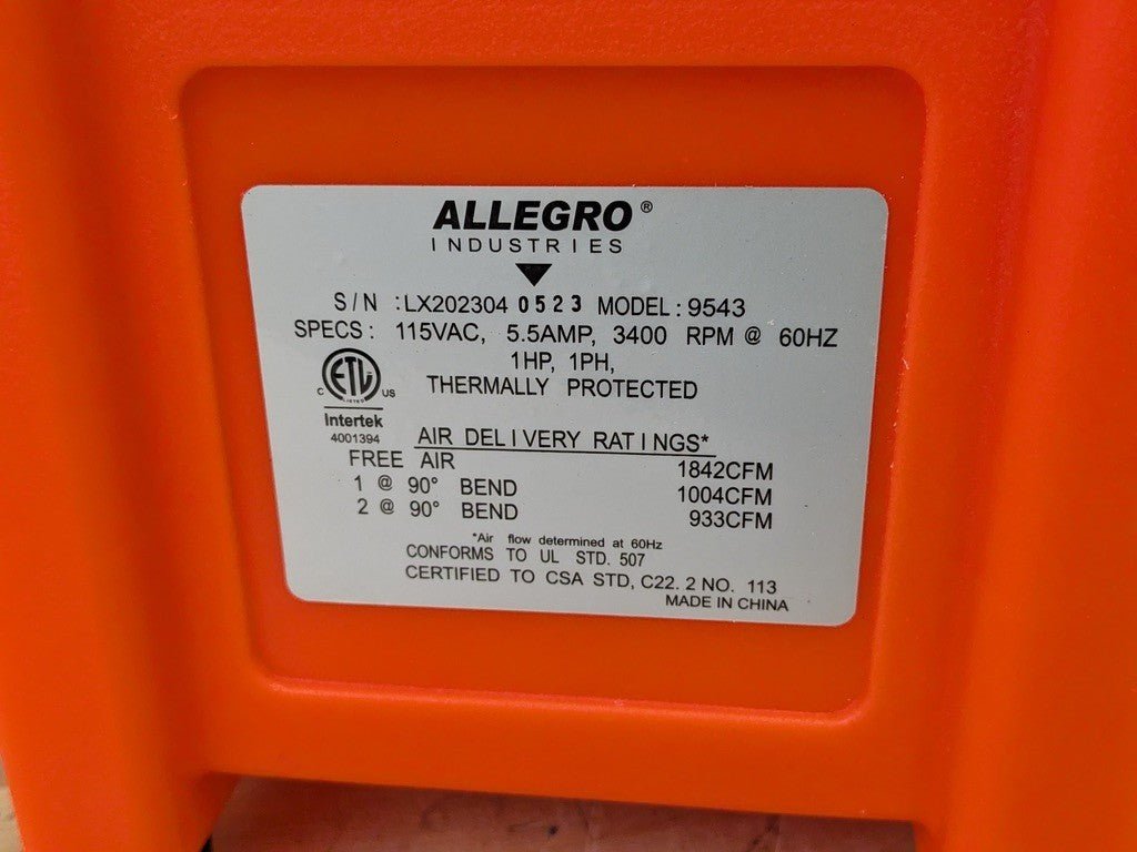 Allegro 12 In. Axial AC Plastic Blower 3400 RPM 1 HP 115v 9543 Parts / Repair