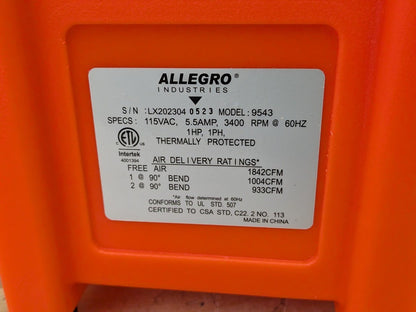 Allegro 12 In. Axial AC Plastic Blower 3400 RPM 1 HP 115v 9543 Parts / Repair
