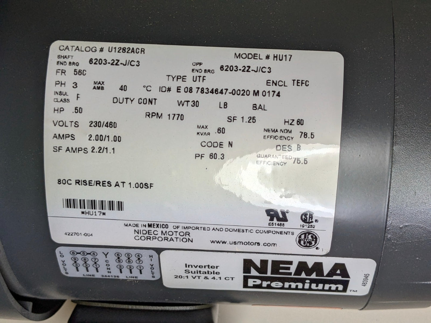 US Motors General Purpose AC Motor 1/2 HP 230/460v 3 Phase 1770 RPM 56C Frame